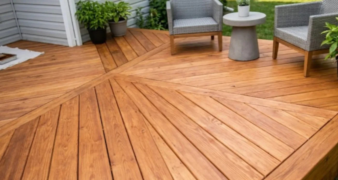 Newly stained natural-tone deck in Elgin County, Ontario
