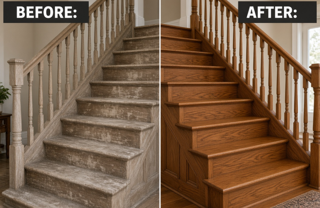 Before and after staircase and railings