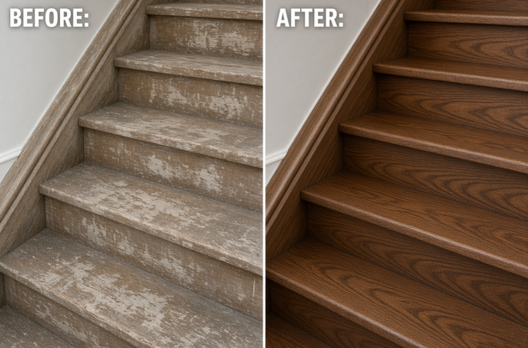 Before and after stair treads close-up