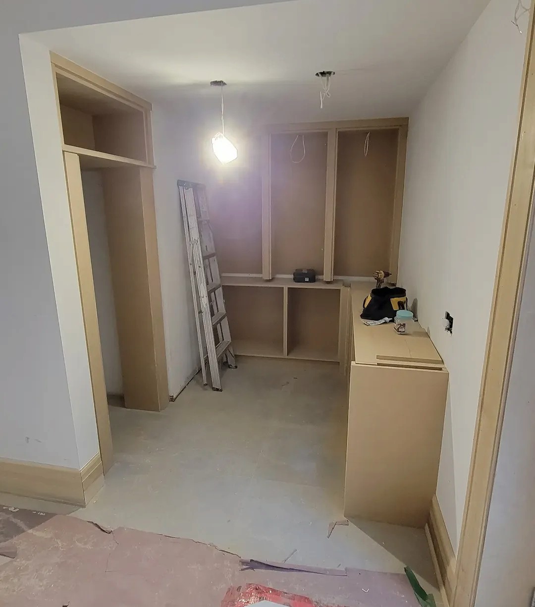 Unfinished MDF built-in cabinetry